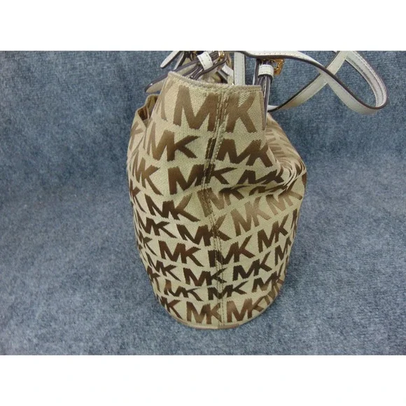 Michael Kors Tote Bag Jet Set MK Signature Logo Beige Brown Leather Trim - Picture 6 of 16